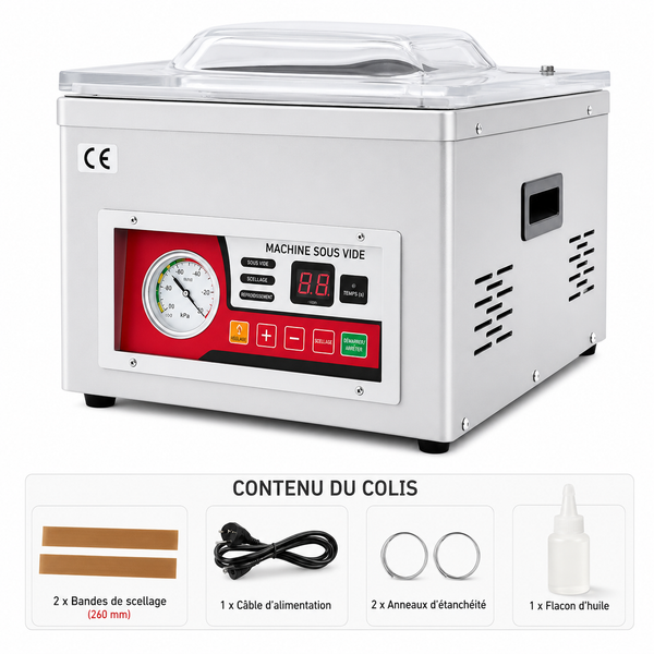Machine sous vide professionnelle à cloche – chambre inox, -100 kPa, couvercle verre, 60 sacs offerts